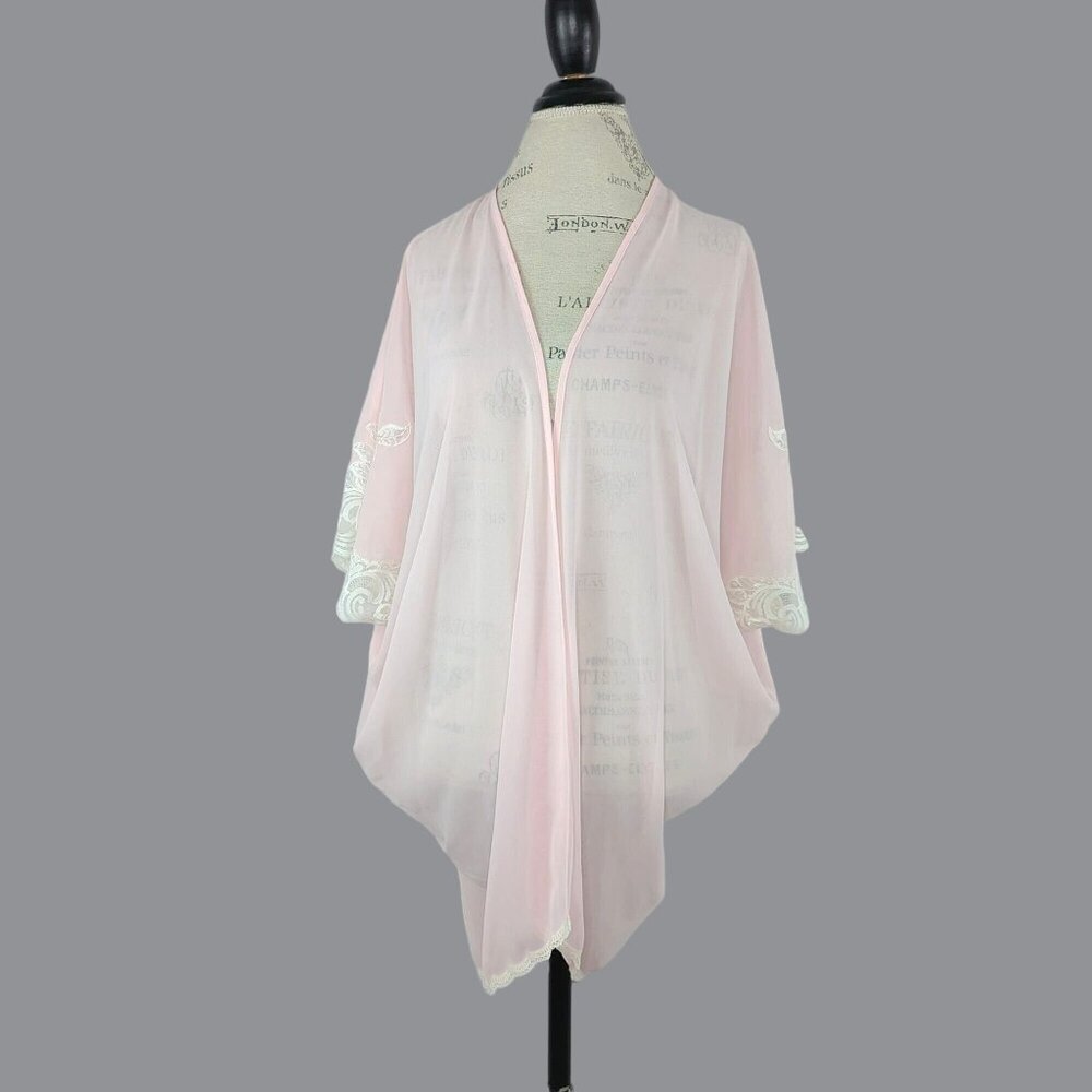 Vintage Natori Pink Robe Mid Length White Lace